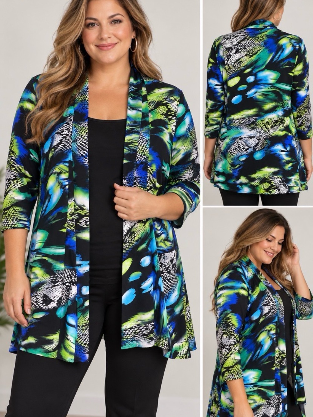 Frank Lyman Design Blue Green Black Abstract Open-Front Cardigan